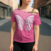 New Zealand Breast Cancer Awareness Cross Shoulder Shirt Maori Butterfly Pink Ribbon - Polynesian Pride