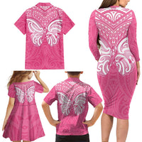 New Zealand Breast Cancer Awareness Family Matching Long Sleeve Bodycon Dress and Hawaiian Shirt Maori Butterfly Pink Ribbon - Polynesian Pride