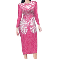 New Zealand Breast Cancer Awareness Family Matching Long Sleeve Bodycon Dress and Hawaiian Shirt Maori Butterfly Pink Ribbon - Polynesian Pride