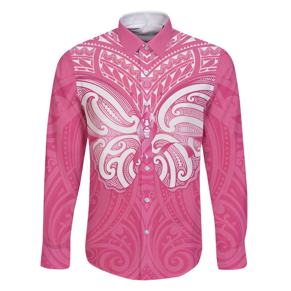 New Zealand Breast Cancer Awareness Family Matching Mermaid Dress and Hawaiian Shirt Maori Butterfly Pink Ribbon - Polynesian Pride