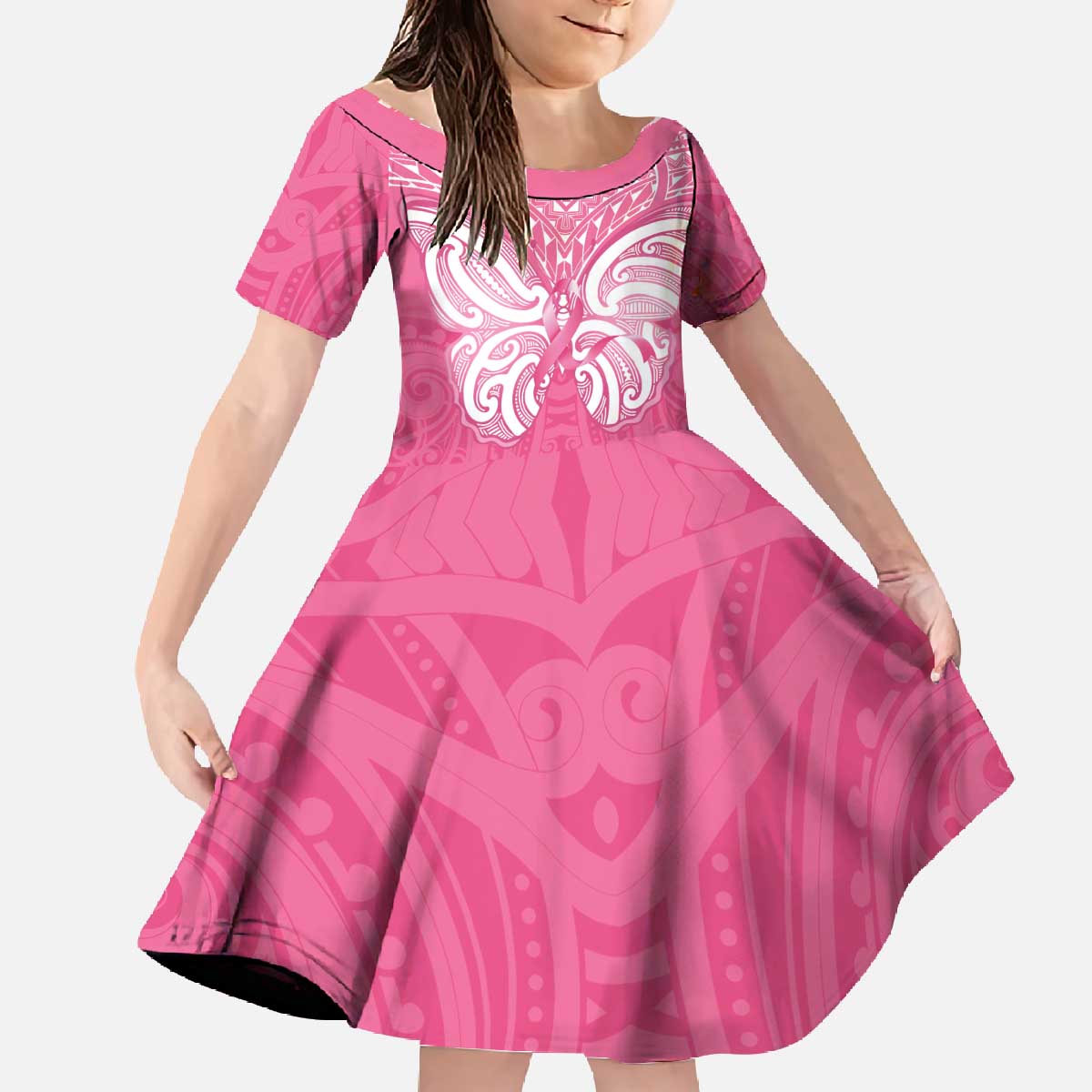 New Zealand Breast Cancer Awareness Family Matching Off The Shoulder Long Sleeve Dress and Hawaiian Shirt Maori Butterfly Pink Ribbon - Polynesian Pride