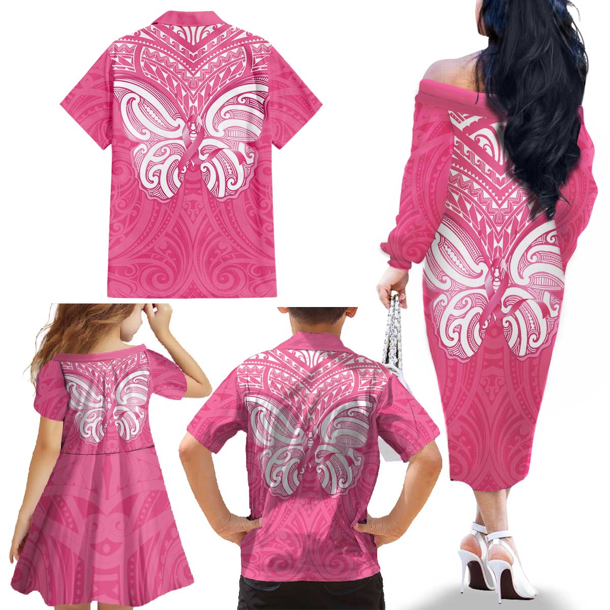 New Zealand Breast Cancer Awareness Family Matching Off The Shoulder Long Sleeve Dress and Hawaiian Shirt Maori Butterfly Pink Ribbon - Polynesian Pride