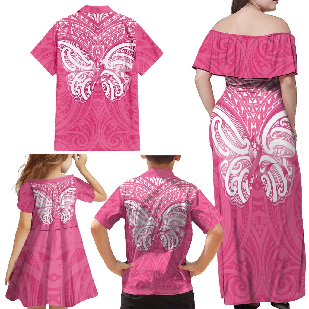 New Zealand Breast Cancer Awareness Family Matching Off Shoulder Maxi Dress and Hawaiian Shirt Maori Butterfly Pink Ribbon - Polynesian Pride