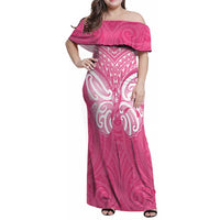 New Zealand Breast Cancer Awareness Family Matching Off Shoulder Maxi Dress and Hawaiian Shirt Maori Butterfly Pink Ribbon - Polynesian Pride