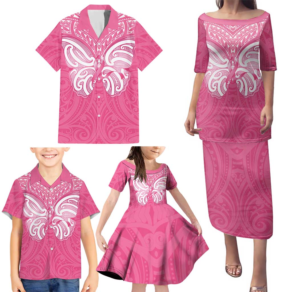 New Zealand Breast Cancer Awareness Family Matching Puletasi and Hawaiian Shirt Maori Butterfly Pink Ribbon - Polynesian Pride