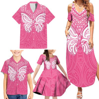 New Zealand Breast Cancer Awareness Family Matching Summer Maxi Dress and Hawaiian Shirt Maori Butterfly Pink Ribbon - Polynesian Pride