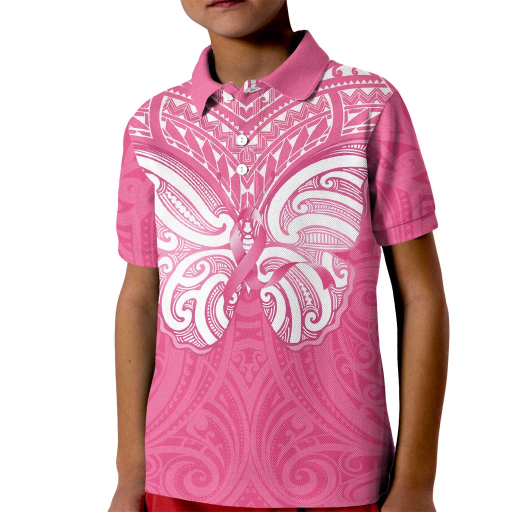 New Zealand Breast Cancer Awareness Kid Polo Shirt Maori Butterfly Pink Ribbon - Polynesian Pride