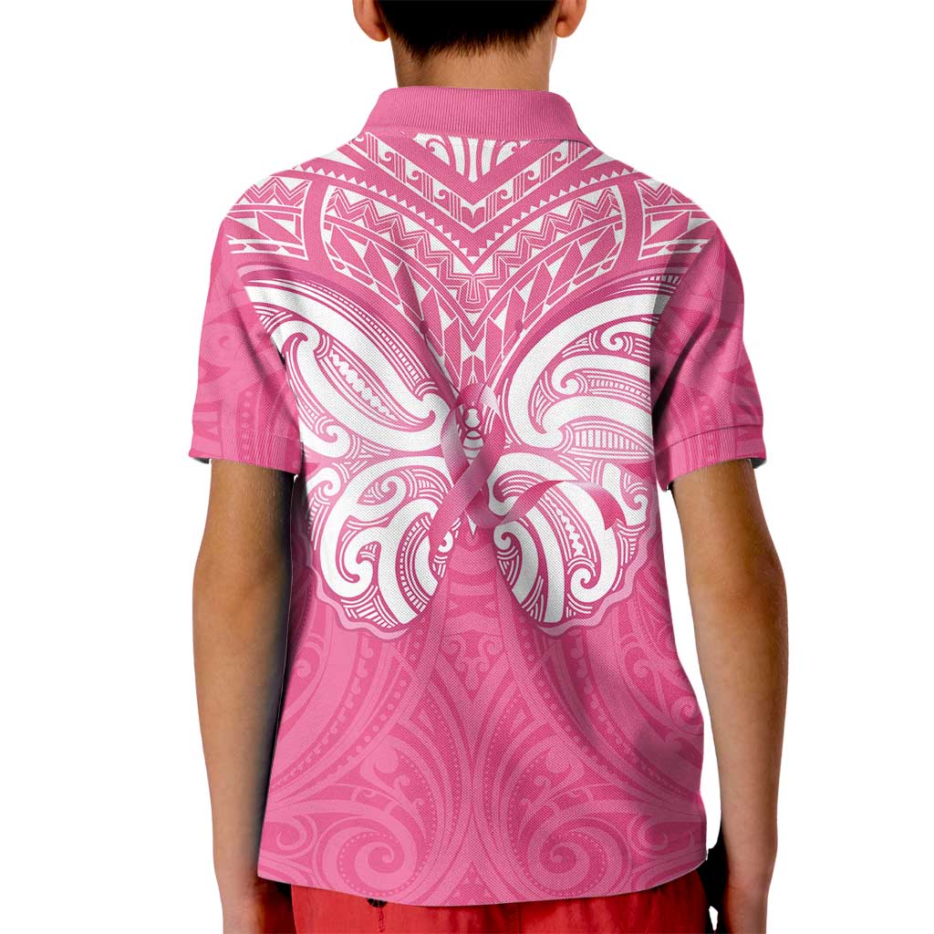 New Zealand Breast Cancer Awareness Kid Polo Shirt Maori Butterfly Pink Ribbon - Polynesian Pride
