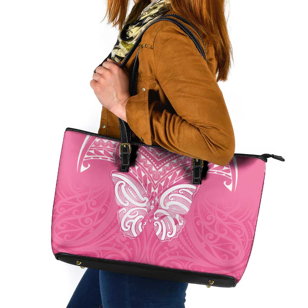 New Zealand Breast Cancer Awareness Leather Tote Bag Maori Butterfly Pink Ribbon - Polynesian Pride