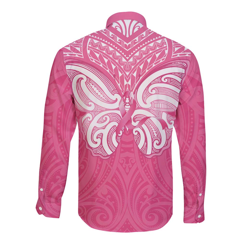 New Zealand Breast Cancer Awareness Long Sleeve Button Shirt Maori Butterfly Pink Ribbon - Polynesian Pride