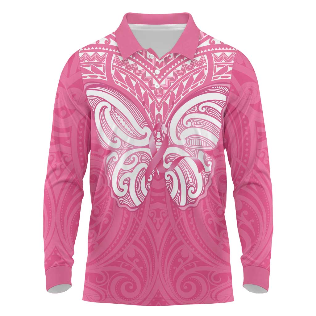 New Zealand Breast Cancer Awareness Long Sleeve Polo Shirt Maori Butterfly Pink Ribbon - Polynesian Pride