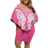 New Zealand Breast Cancer Awareness Off Shoulder Short Dress Maori Butterfly Pink Ribbon - Polynesian Pride