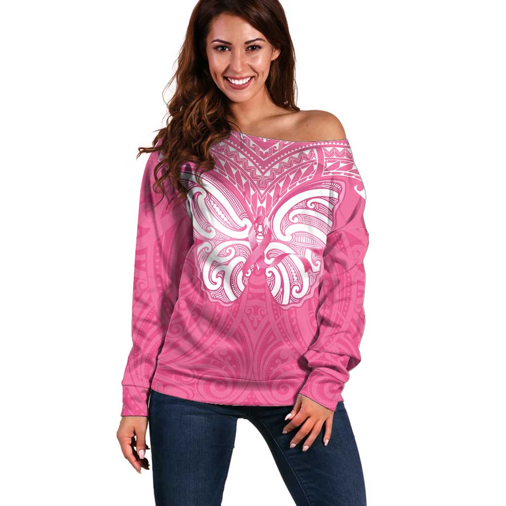 New Zealand Breast Cancer Awareness Off Shoulder Sweater Maori Butterfly Pink Ribbon - Polynesian Pride