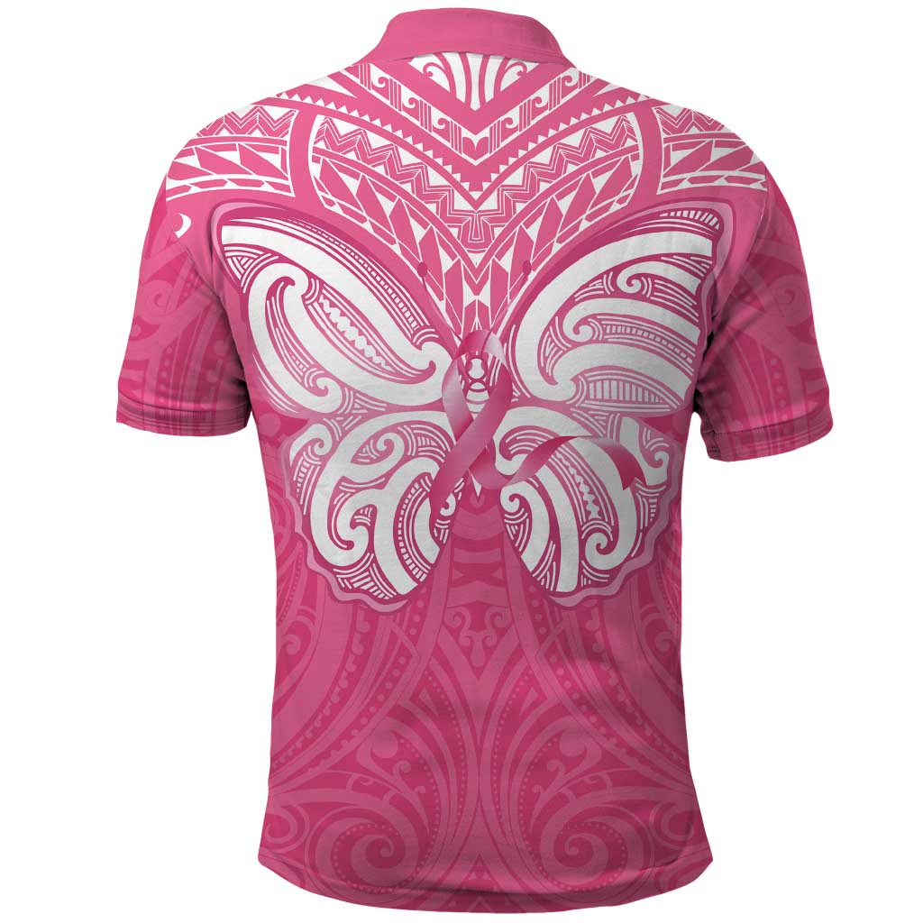 New Zealand Breast Cancer Awareness Polo Shirt Maori Butterfly Pink Ribbon - Polynesian Pride