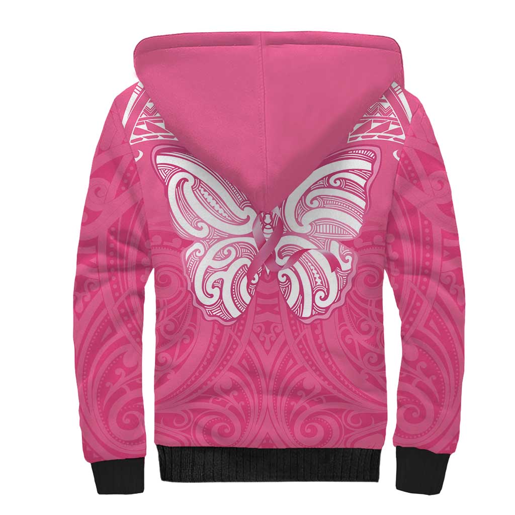 New Zealand Breast Cancer Awareness Sherpa Hoodie Maori Butterfly Pink Ribbon - Polynesian Pride