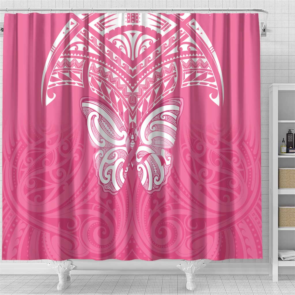 New Zealand Breast Cancer Awareness Shower Curtain Maori Butterfly Pink Ribbon - Polynesian Pride