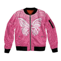 New Zealand Breast Cancer Awareness Sleeve Zip Bomber Jacket Maori Butterfly Pink Ribbon - Polynesian Pride