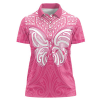 New Zealand Breast Cancer Awareness Women Polo Shirt Maori Butterfly Pink Ribbon - Polynesian Pride