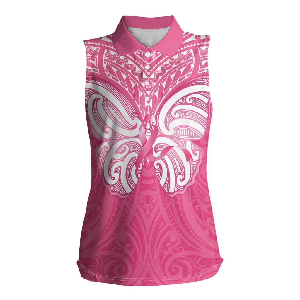 New Zealand Breast Cancer Awareness Women Sleeveless Polo Shirt Maori Butterfly Pink Ribbon - Polynesian Pride