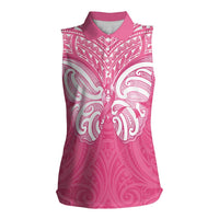 New Zealand Breast Cancer Awareness Women Sleeveless Polo Shirt Maori Butterfly Pink Ribbon - Polynesian Pride