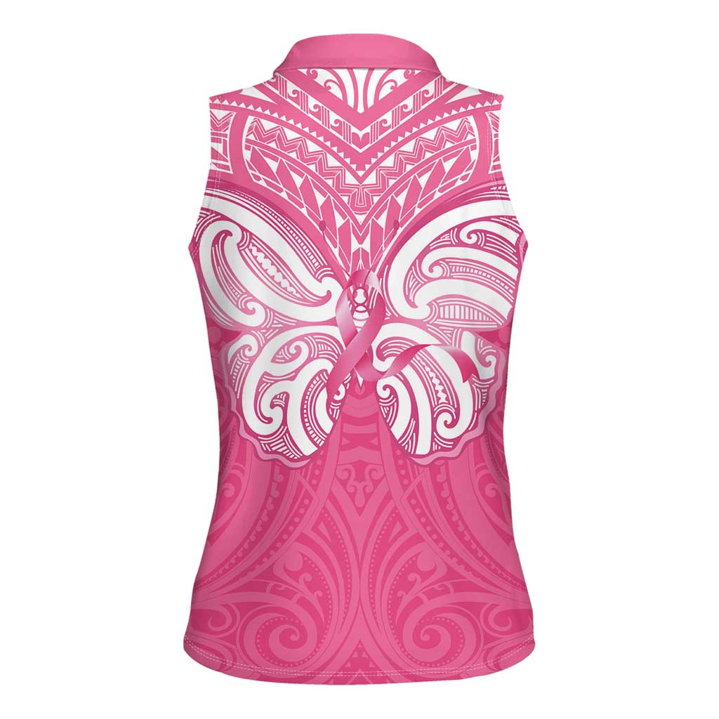 New Zealand Breast Cancer Awareness Women Sleeveless Polo Shirt Maori Butterfly Pink Ribbon - Polynesian Pride