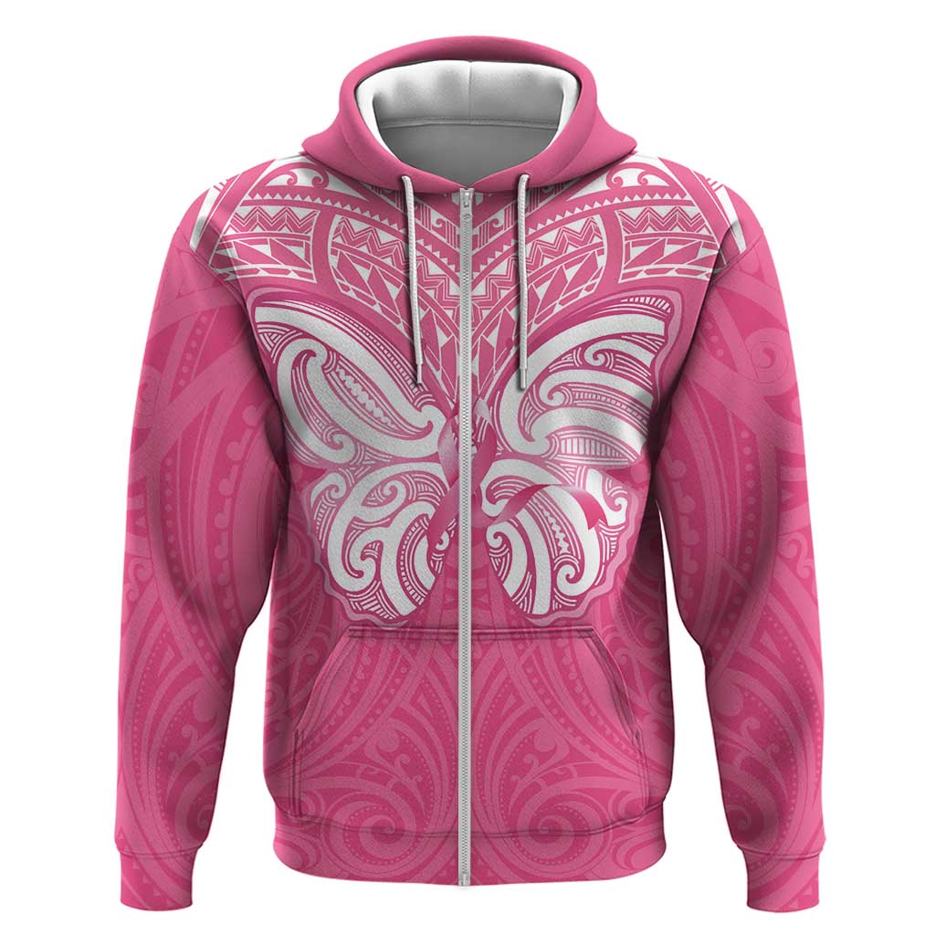 New Zealand Breast Cancer Awareness Zip Hoodie Maori Butterfly Pink Ribbon - Polynesian Pride
