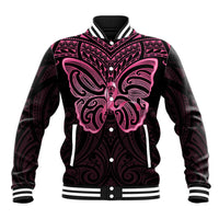 New Zealand Breast Cancer Awareness Baseball Jacket Maori Butterfly Pink Ribbon Black Version - Polynesian Pride