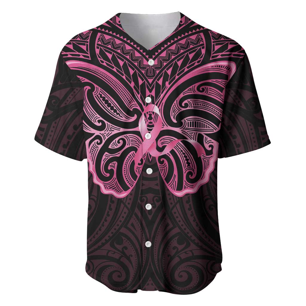 New Zealand Breast Cancer Awareness Baseball Jersey Maori Butterfly Pink Ribbon Black Version - Polynesian Pride