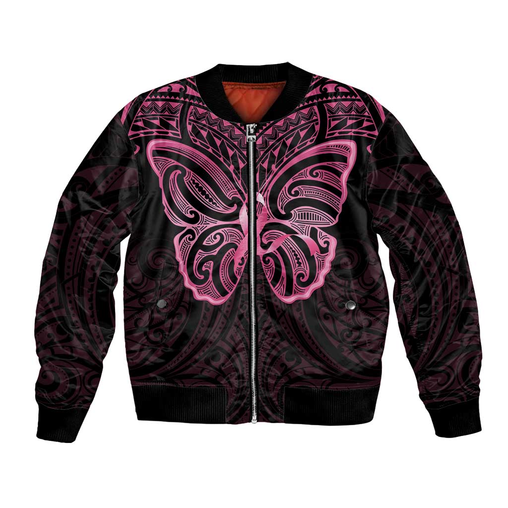 New Zealand Breast Cancer Awareness Bomber Jacket Maori Butterfly Pink Ribbon Black Version - Polynesian Pride