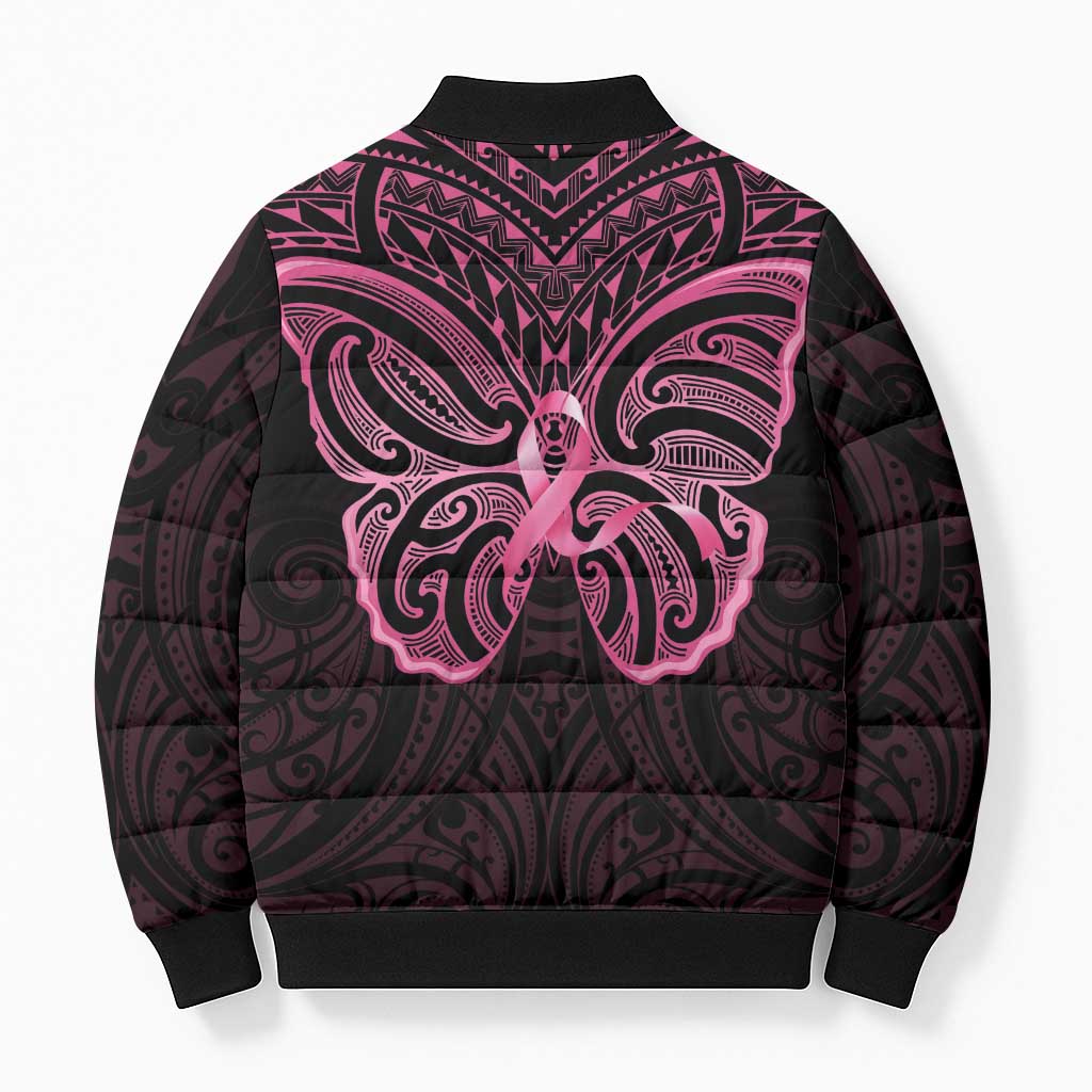 New Zealand Breast Cancer Awareness Bomber Puffer Jacket Maori Butterfly Pink Ribbon Black Version - Polynesian Pride