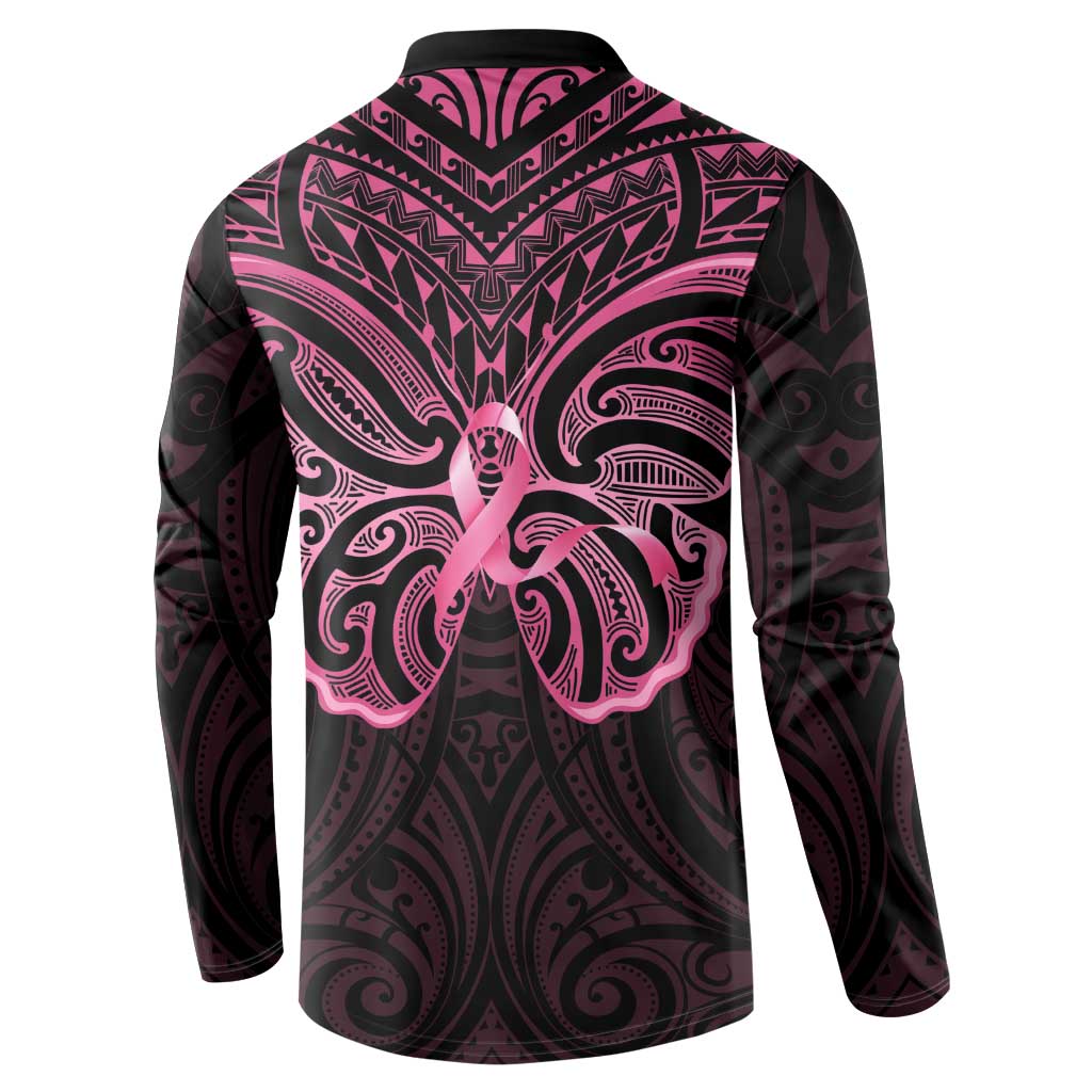 New Zealand Breast Cancer Awareness Button Sweatshirt Maori Butterfly Pink Ribbon Black Version - Polynesian Pride