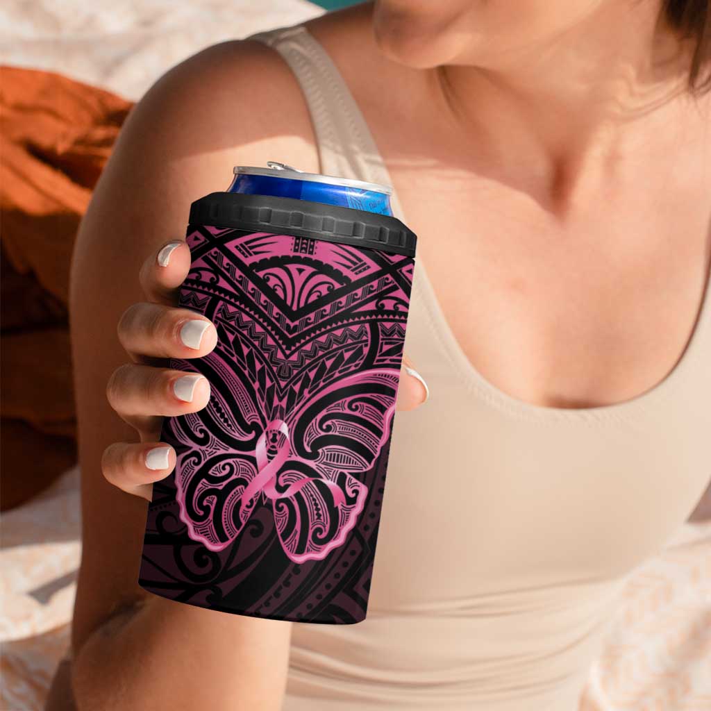 New Zealand Breast Cancer Awareness 4 in 1 Can Cooler Tumbler Maori Butterfly Pink Ribbon Black Version - Polynesian Pride