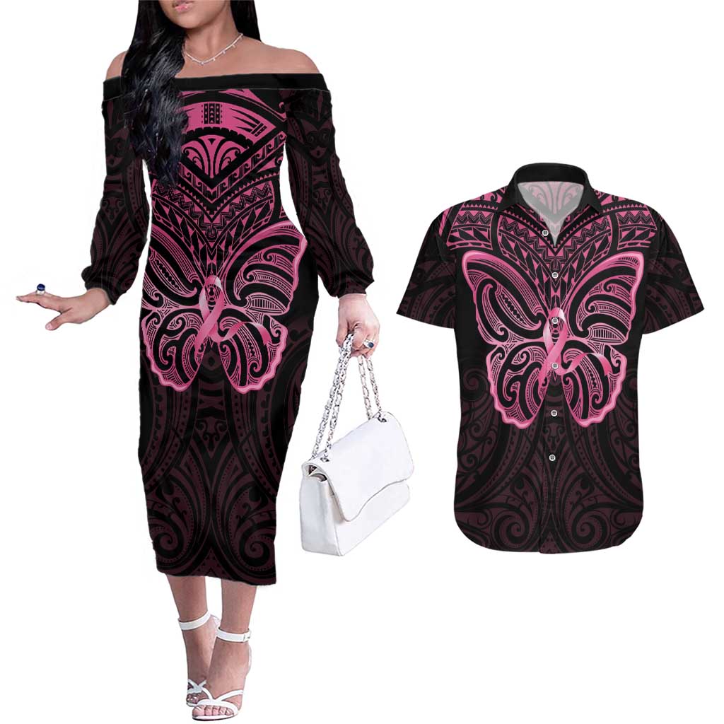 New Zealand Breast Cancer Awareness Couples Matching Off The Shoulder Long Sleeve Dress and Hawaiian Shirt Maori Butterfly Pink Ribbon Black Version - Polynesian Pride