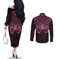 New Zealand Breast Cancer Awareness Couples Matching Off The Shoulder Long Sleeve Dress and Long Sleeve Button Shirt Maori Butterfly Pink Ribbon Black Version - Polynesian Pride