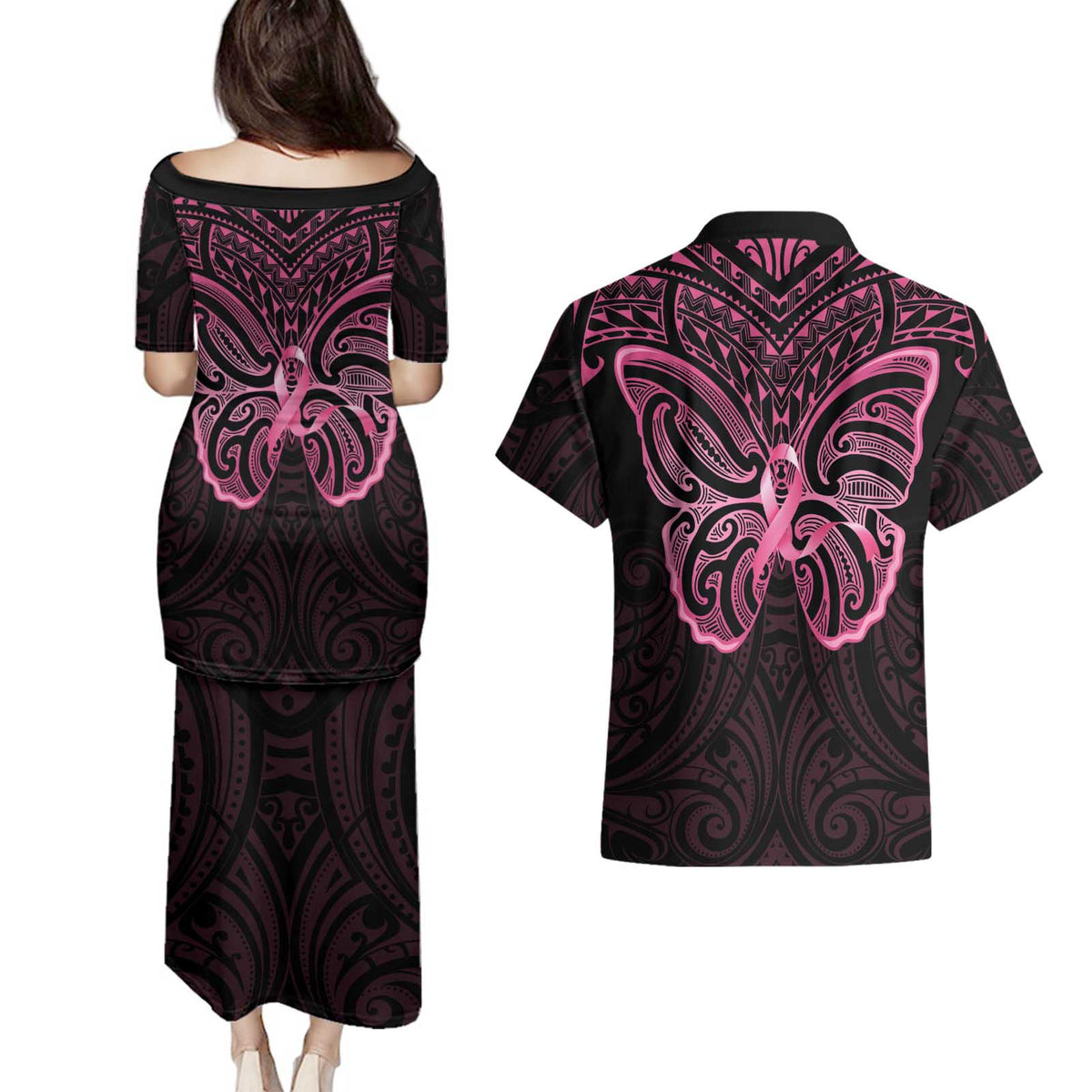 New Zealand Breast Cancer Awareness Couples Matching Puletasi and Hawaiian Shirt Maori Butterfly Pink Ribbon Black Version - Polynesian Pride