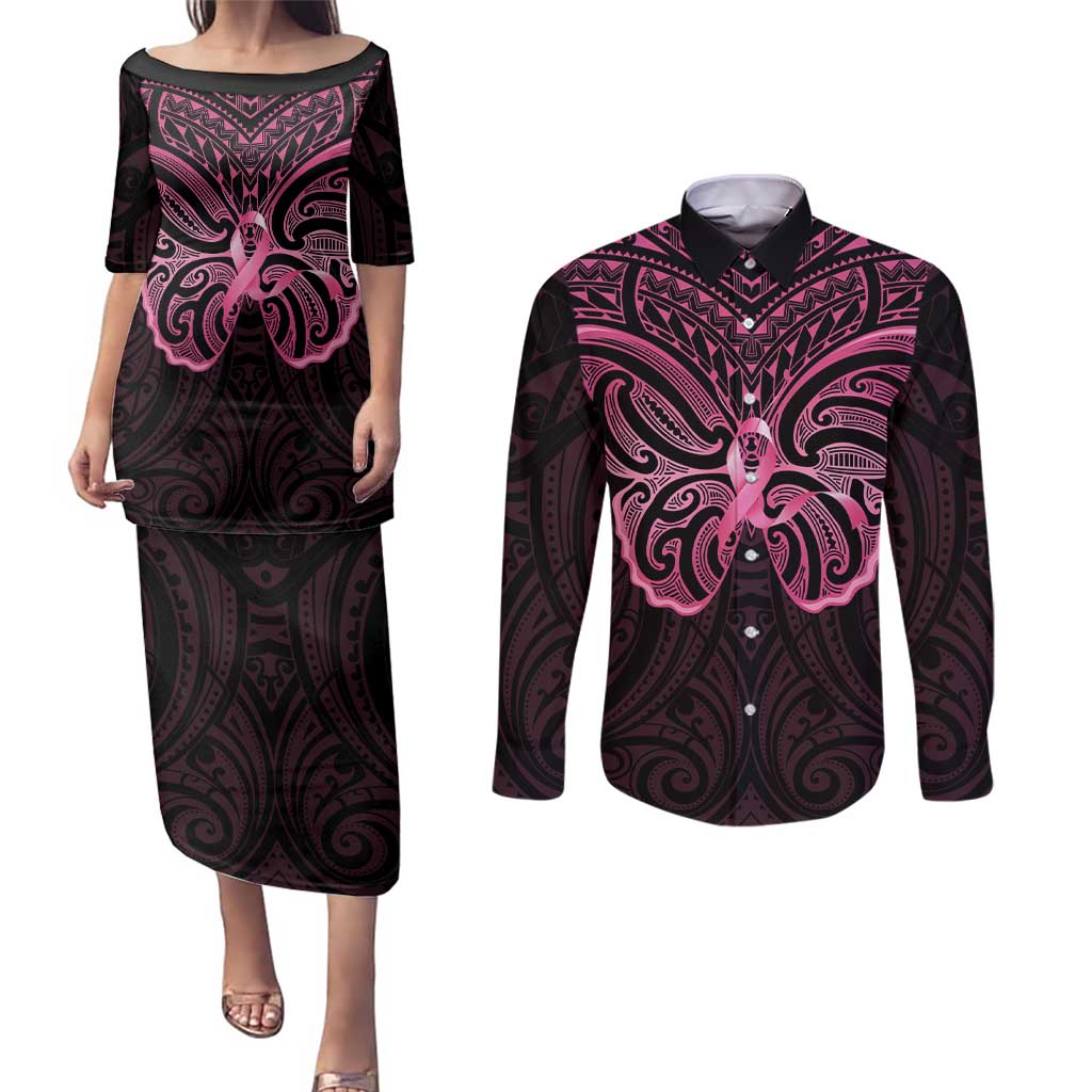 New Zealand Breast Cancer Awareness Couples Matching Puletasi and Long Sleeve Button Shirt Maori Butterfly Pink Ribbon Black Version - Polynesian Pride