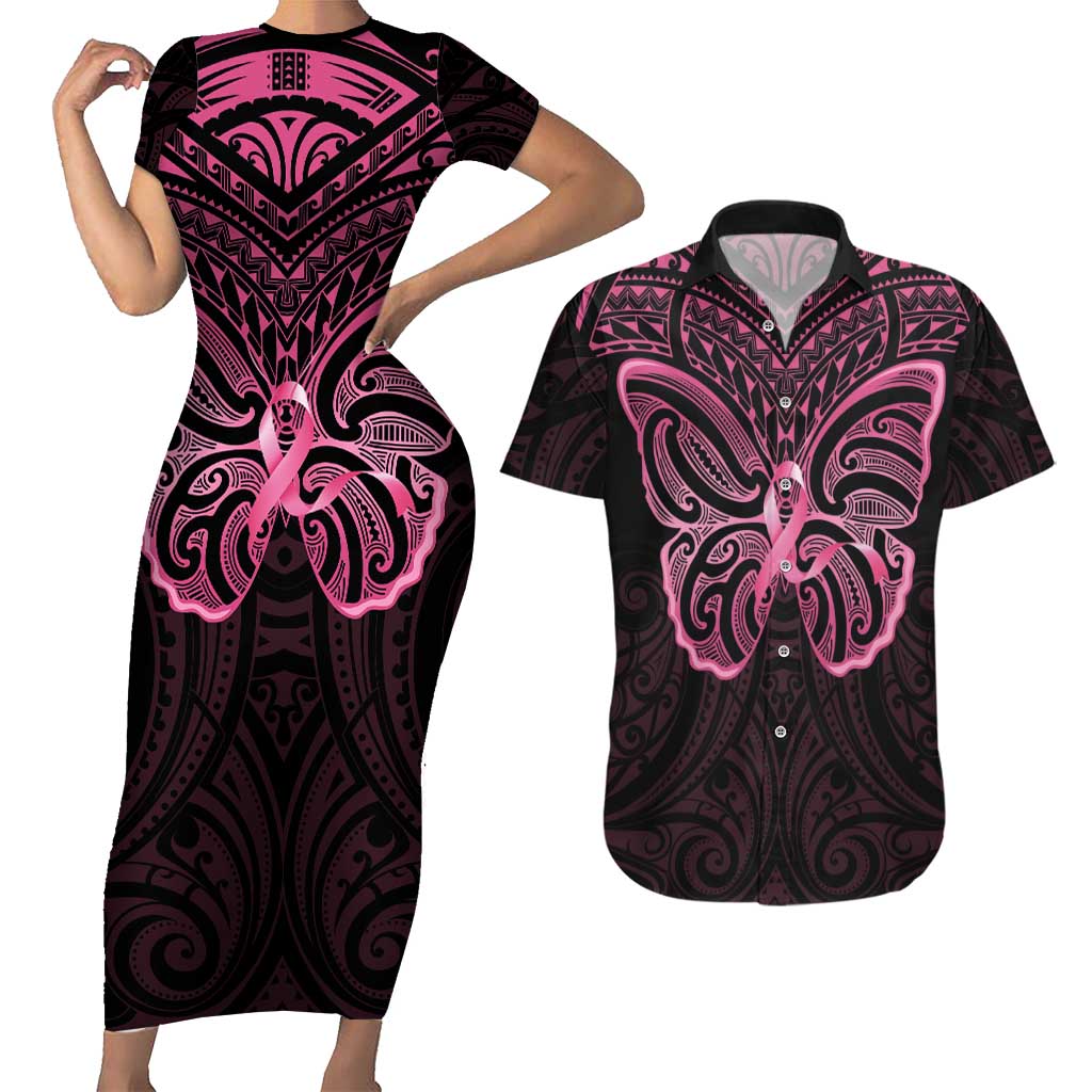 New Zealand Breast Cancer Awareness Couples Matching Short Sleeve Bodycon Dress and Hawaiian Shirt Maori Butterfly Pink Ribbon Black Version - Polynesian Pride