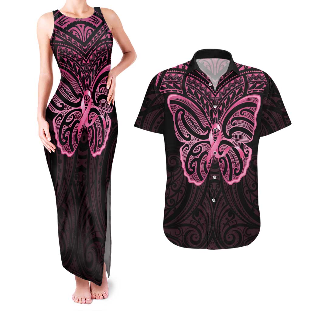 New Zealand Breast Cancer Awareness Couples Matching Tank Maxi Dress and Hawaiian Shirt Maori Butterfly Pink Ribbon Black Version - Polynesian Pride