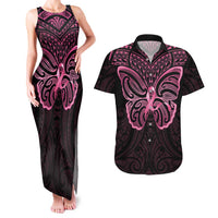 New Zealand Breast Cancer Awareness Couples Matching Tank Maxi Dress and Hawaiian Shirt Maori Butterfly Pink Ribbon Black Version - Polynesian Pride