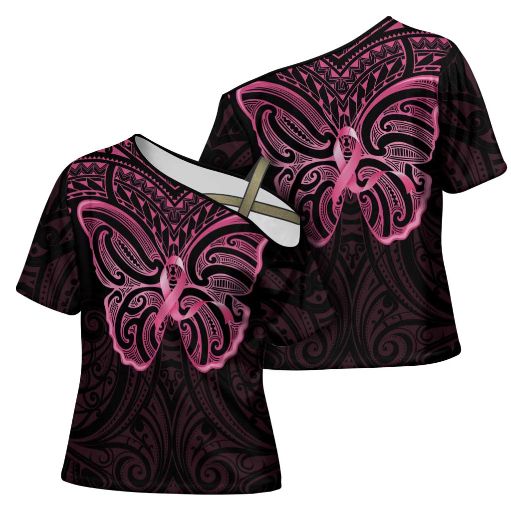 New Zealand Breast Cancer Awareness Cross Shoulder Shirt Maori Butterfly Pink Ribbon Black Version - Polynesian Pride
