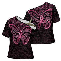 New Zealand Breast Cancer Awareness Cross Shoulder Shirt Maori Butterfly Pink Ribbon Black Version - Polynesian Pride