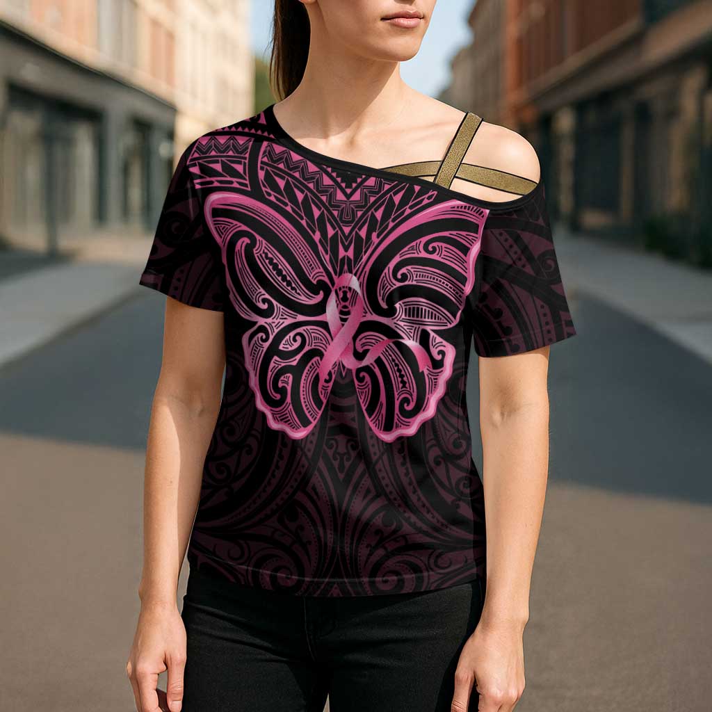 New Zealand Breast Cancer Awareness Cross Shoulder Shirt Maori Butterfly Pink Ribbon Black Version - Polynesian Pride