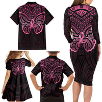 New Zealand Breast Cancer Awareness Family Matching Long Sleeve Bodycon Dress and Hawaiian Shirt Maori Butterfly Pink Ribbon Black Version - Polynesian Pride