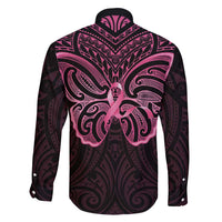 New Zealand Breast Cancer Awareness Family Matching Long Sleeve Bodycon Dress and Hawaiian Shirt Maori Butterfly Pink Ribbon Black Version - Polynesian Pride