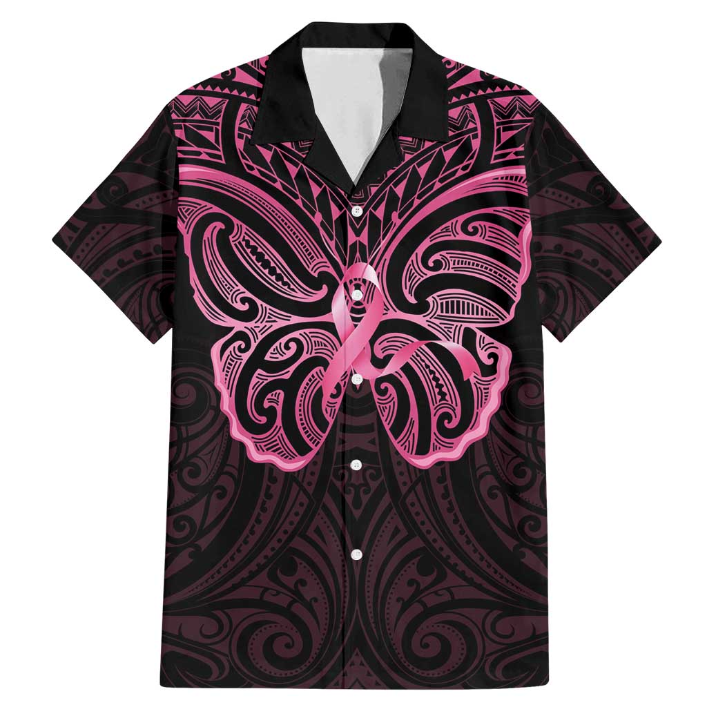 New Zealand Breast Cancer Awareness Family Matching Mermaid Dress and Hawaiian Shirt Maori Butterfly Pink Ribbon Black Version - Polynesian Pride
