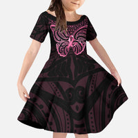 New Zealand Breast Cancer Awareness Family Matching Off The Shoulder Long Sleeve Dress and Hawaiian Shirt Maori Butterfly Pink Ribbon Black Version - Polynesian Pride