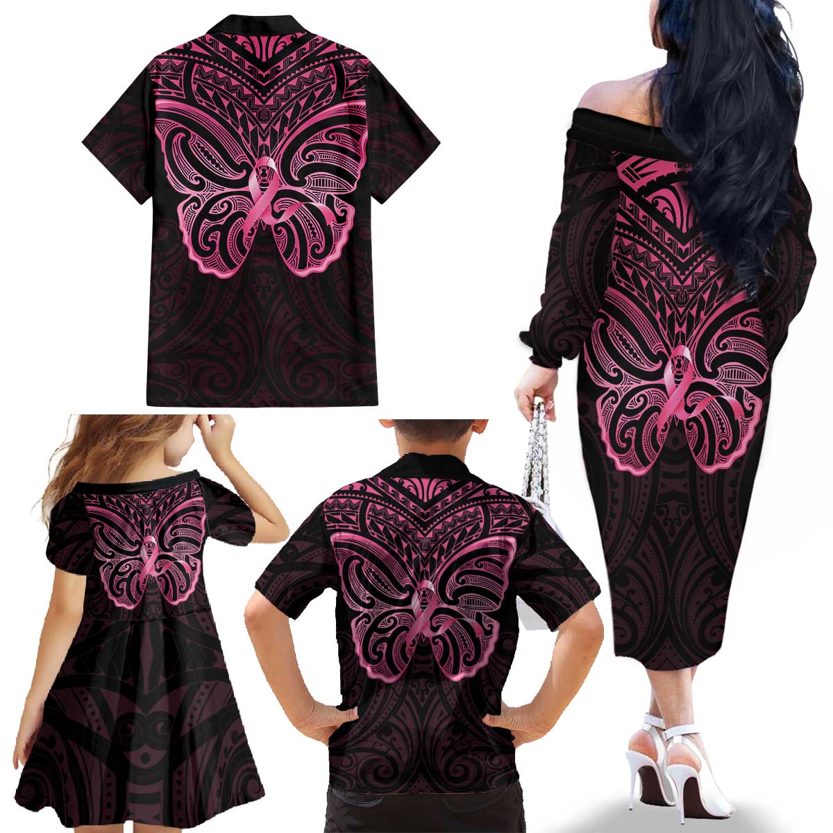 New Zealand Breast Cancer Awareness Family Matching Off The Shoulder Long Sleeve Dress and Hawaiian Shirt Maori Butterfly Pink Ribbon Black Version - Polynesian Pride