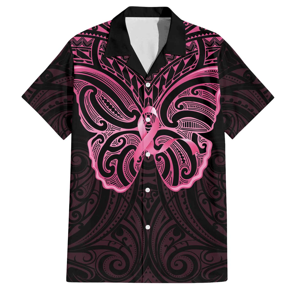 New Zealand Breast Cancer Awareness Family Matching Off The Shoulder Long Sleeve Dress and Hawaiian Shirt Maori Butterfly Pink Ribbon Black Version - Polynesian Pride