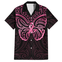 New Zealand Breast Cancer Awareness Family Matching Off The Shoulder Long Sleeve Dress and Hawaiian Shirt Maori Butterfly Pink Ribbon Black Version - Polynesian Pride
