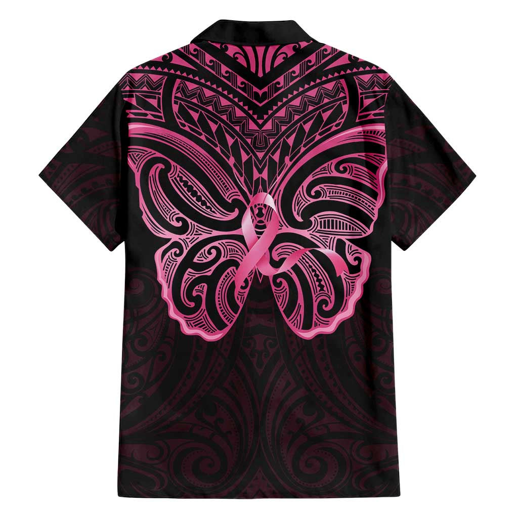 New Zealand Breast Cancer Awareness Family Matching Off Shoulder Maxi Dress and Hawaiian Shirt Maori Butterfly Pink Ribbon Black Version - Polynesian Pride